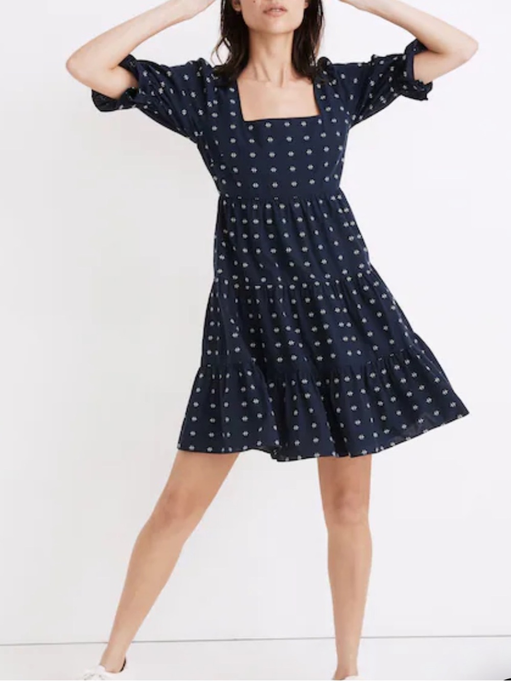 Madewell Navy Blue Polka Dot Tiered Square-Neck Dress